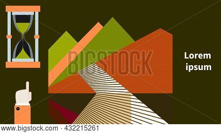 Hand Points To Hourglass. Abstract Mountains And Road. Linear Geometric Composition Backdrop. Metaph