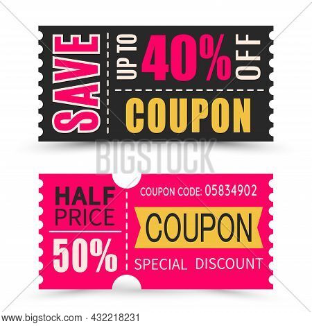 Set Of Discount Coupons In Different Shapes And Colour. Gift Voucher With Coupon Code.  Sale And Dis