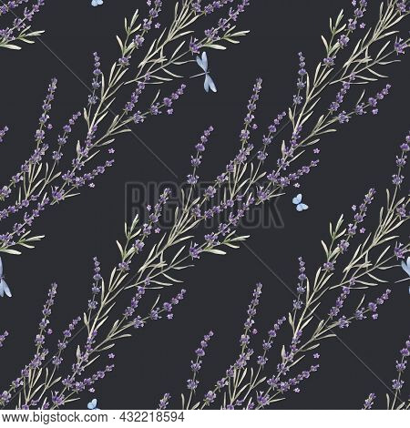 Beautiful Vector Seamless Floral Provence Pattern With Watercolor Hand Drawn Gentle Lavander Flowers