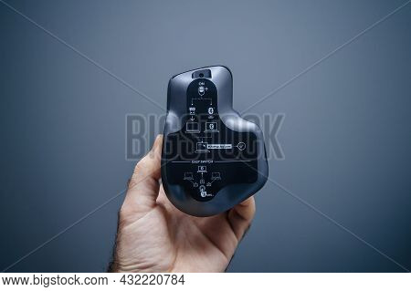 Paris, France - Dec 3, 2019: Pov Male Hand Holding New Logitech Mx Master 3 Wireless Mouse With Hype