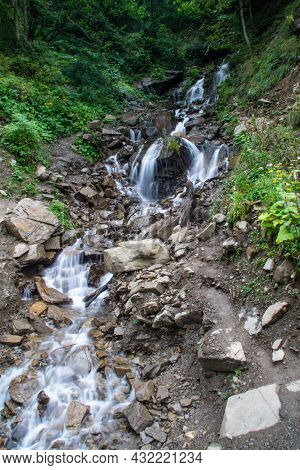 Trufanets Waterfall On Chorna Tysa River, Carpathians, Ukraine. Long Exposure.