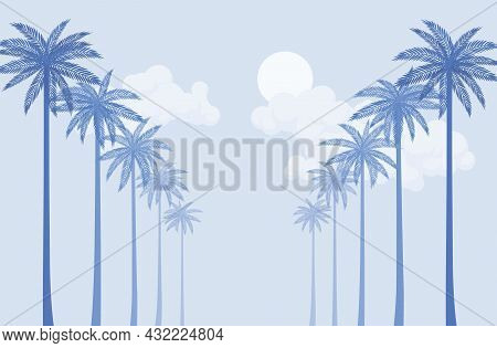 Palm Tree Row Light Blue Silhouette, Sea Shore Beach Stunning Scenery. Beachside Tropical View, Roma