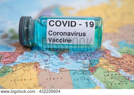 Bangkok, Thailand - July 1, 2021, Coronavirus Covid-19 Vaccine On Africa Map, Development Medical Fo