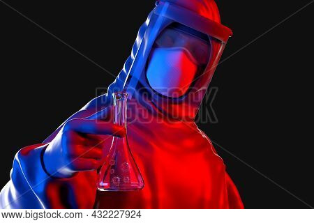 Scientist In Mask, Glasses And Protective Suit Holding Flask With Virus Moleculas. 3d Illustration.
