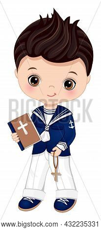 First Communion Spanish Sailor. Little Boy First Confirmation. Cute Boy Is Dark-haired With Hazel Ey