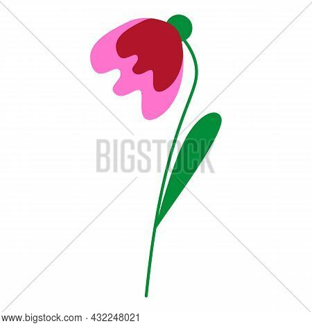 Hand Drawn Abstract Pink And Red Flower With Green Leaves. Cartoon Style. Summer, Spring Or Autumn. 