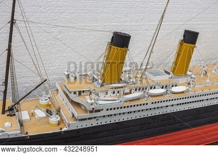 Close Up View Of Part Of Wooden Titanic Ship Model. Beautiful Wooden Titanic Hobby Model Isolated. S