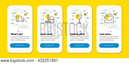 Vector Set Of Wine Glass, Bucket With Mop And Truck Delivery Line Icons Set. Ui Phone App Screens Wi