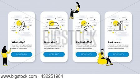 Set Of Science Icons, Such As Cloud Share, Speaker, Mini Pc Icons. Ui Phone App Screens With People.
