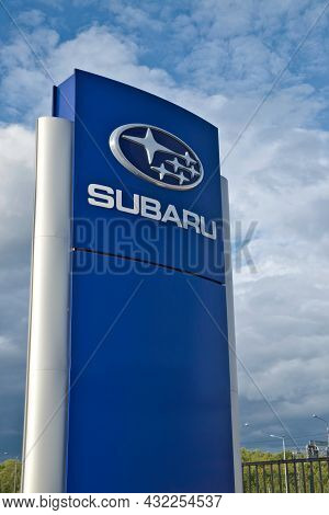 Moscow Region, Russia - September 2021: Subaru Company Logo On Dealership Building. Subaru Is A Japa