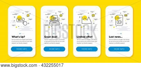 Vector Set Of Buy Button, Line Chart And Typewriter Line Icons Set. Ui Phone App Screens With Line I