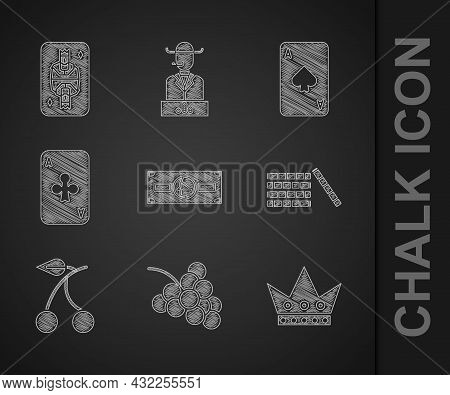 Set Stacks Paper Money Cash, Casino Slot Machine With Grape, King Playing Card, Chips, Cherry, Playi