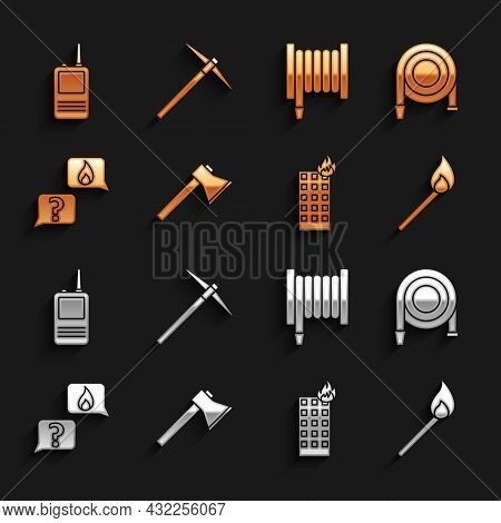 Set Firefighter Axe, Hose Reel, Burning Match With Fire, Burning Building, Phone Emergency Call 911,