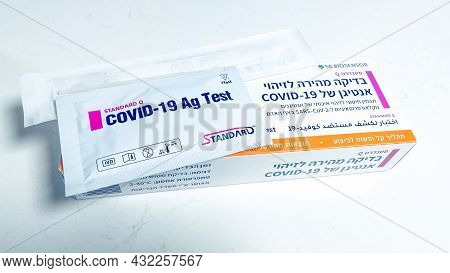 Tel Aviv, Israel, August 8, 2021: Coronavirus Sars Testing At Home. Covid-19 Rapid Test Cassette For