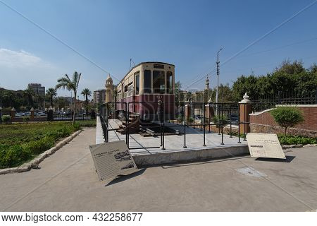 Cairo, Egypt- August 10 2021: An Old Renovated Tramcar From The Former Heliopolis Tramway Started In