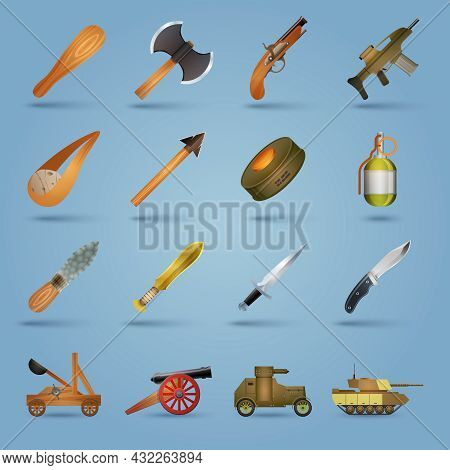 Weapon Icons Set With Gun Shotgun Grenade Tank Stun Isolated Vector Illustration