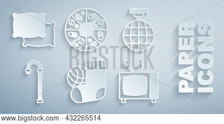 Set Socks, Disco Ball, Walking Stick Cane, Retro Tv, Vitamin Pill And Pillow Icon. Vector