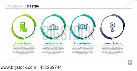 Set Baby Socks, Hat, Crib Cradle Bed And Rattle Baby Toy. Business Infographic Template. Vector