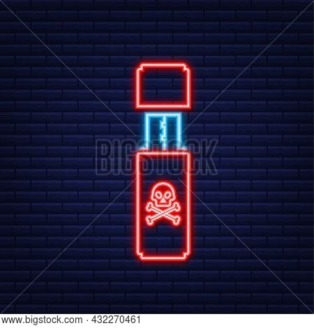 Computer Virus On Usb Flash Card. Virus Protection. Neon Icon. Vector Stock Illustration.