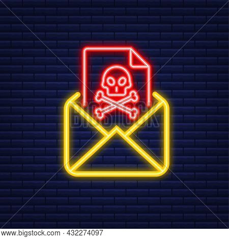 Email Virus. Neon Icon. Computer Screen. Virus, Piracy, Hacking And Security, Protection. Vector Sto