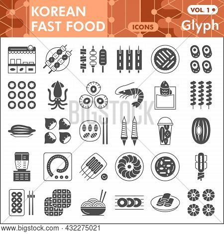 Korean Fast Food Line Icon Set, Asian Cuisine Symbols Collection Or Sketches. Catering Glyph Linear 