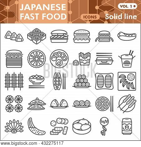 Japanese Fast Food Line Icon Set, Asian Cuisine Symbols Collection Or Sketches. Oriental Dishes Soli