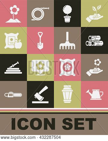 Set Watering Can, Hand Holding Flower, Wooden Logs, Flower Pot, Shovel, Apple The Sack, And Garden R