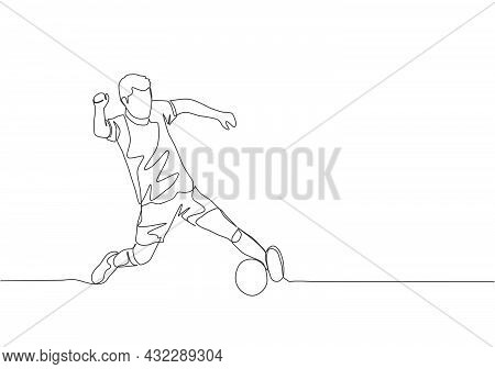 One Single Line Drawing Of Young Football Player With Short Sleeve Shirt Training To Control The Bal