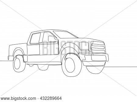 Continuous Line Drawing Of Luxury Tough Pickup Car. Cargo Carrier Vehicle Transportation Concept. On