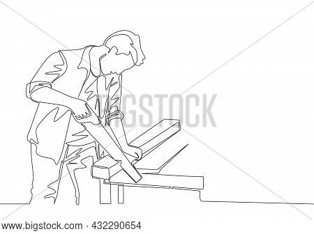 One Single Line Drawing Of Young Handsome Craftsman Cutting Wooden Board Using Handsaw. House Mainte