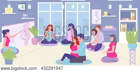 Pregnancy Course, Vector Illustration, Pregnant Woman Character Training Together At Room, Partnerho