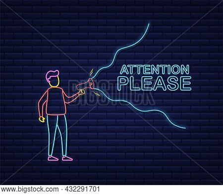 Male Hand Holding Megaphone With Attention Please Speech Bubble. Loudspeaker. Banner For Business An