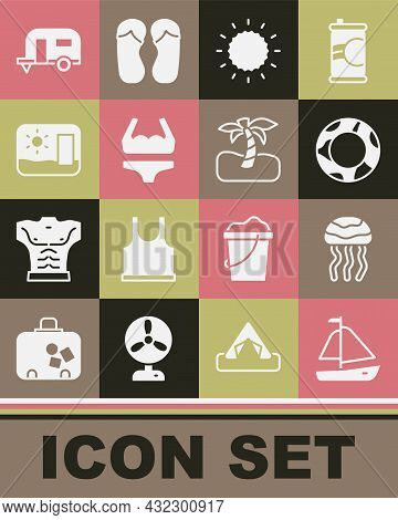 Set Yacht Sailboat, Jellyfish, Rubber Swimming Ring, Sun, Swimsuit, Travel Postcard, Rv Camping Trai