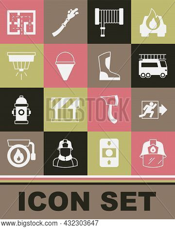 Set Firefighter Helmet, Exit, Truck, Hose Reel, Cone Bucket, Smoke Alarm System, Evacuation Plan And