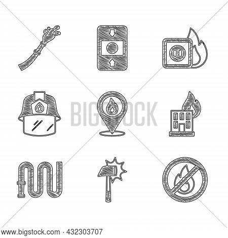 Set Location With Fire Flame, Firefighter Axe, No, In Burning Building, Hose Reel, Helmet, Electric 