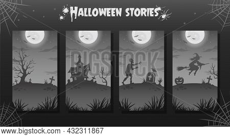 Halloween Night Backgrounds, Illustrations For Stories. Collection. Big Glowing Moon, Zombie, Witch
