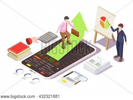 Financial Investment In Stocks Classes, Training, Stock Trading Online Courses, Vector Isometric Ill