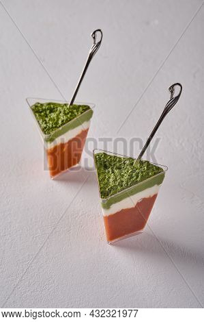 Vertical View Verrine Mousse From Baked Pepper With Creamy Gorgonzola And Pesto In Transparent Buffe