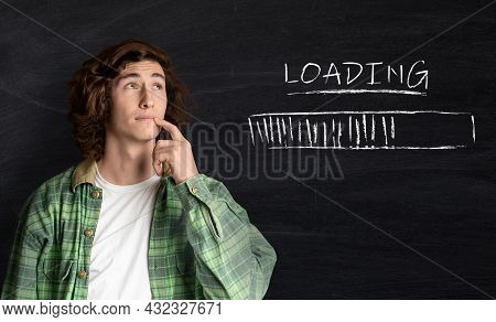 Thoughtful Young Guy Pondering Over Idea On Black Chalkboad Background, Collage With Loading Process