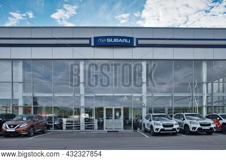 Moscow Region, Russia - September 2021: Building Of Subaru Car Selling And Service Center. New Cars 
