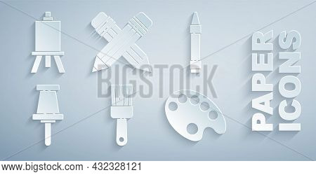 Set Paint Brush, Wax Crayons For Drawing, Push Pin, Palette, Crossed Pencil With Eraser And Easel Pa
