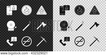 Set Phone With Emergency Call 911, Fire Flame, In Triangle, Telephone, No Smoking, Pickaxe, Ringing 