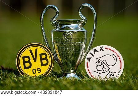 August 27, 2021 Dortmund, Germany. The Emblems Of The  Football Clubs Borussia Dortmund And Afc Ajax