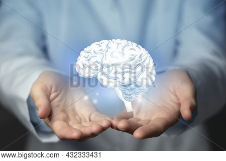 Brain Issues Medical Concept. Photo Of Female Doctor, Empty Space.