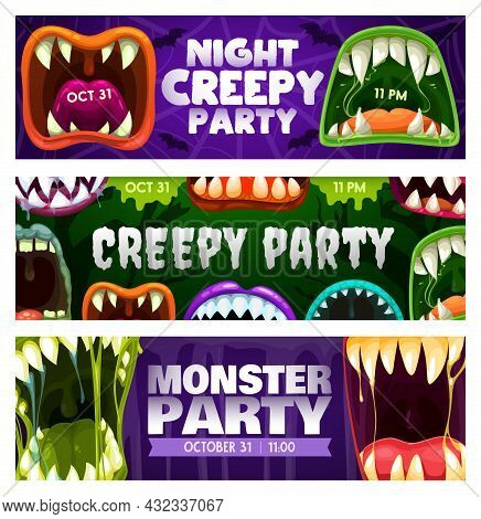 Creepy Party Night Vector Flyers With Monster Roar Mouths. Halloween Horror Night Event Invitation C