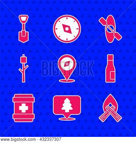 Set Compass, Location Of The Forest, Campfire, Bottle Water, First Aid Kit, Marshmallow Stick, Kayak
