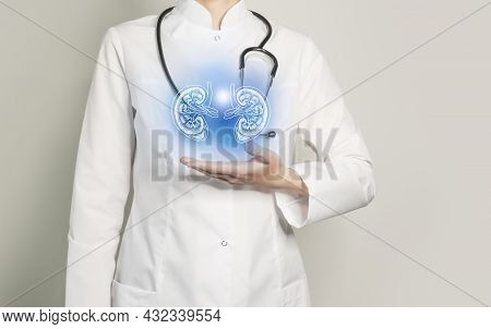 Kidney Issues Medical Concept. Photo Of Female Doctor, Empty Space.