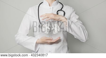 Kidney Issues Medical Concept. Photo Of Female Doctor, Empty Space.