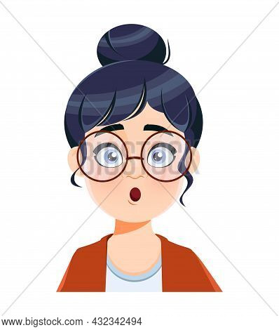 Face Expression Of Beautiful Woman, Surprised. Emotion Of Female Teacher. Cute Cartoon Character In 