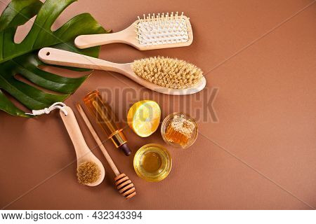 Bath And Beauty Spa Personal Hugiene Accessories On The Brown Background